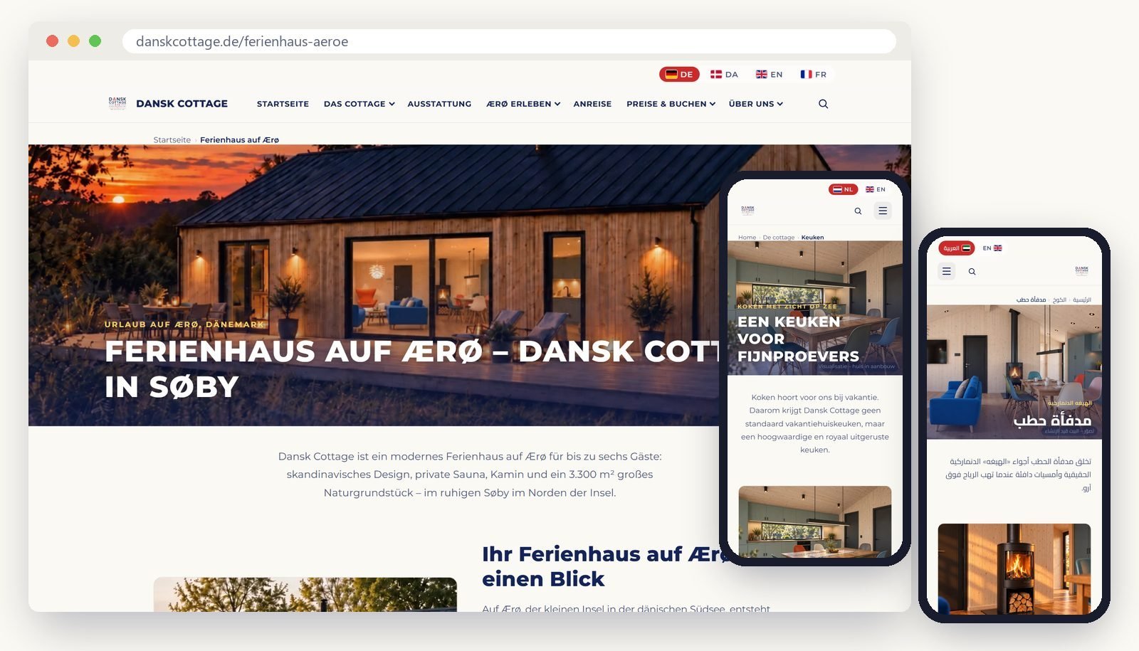 مواقع Dansk Cottage على الحاسوب المحمول والهاتف الذكي: الألمانية والهولندية والعربية