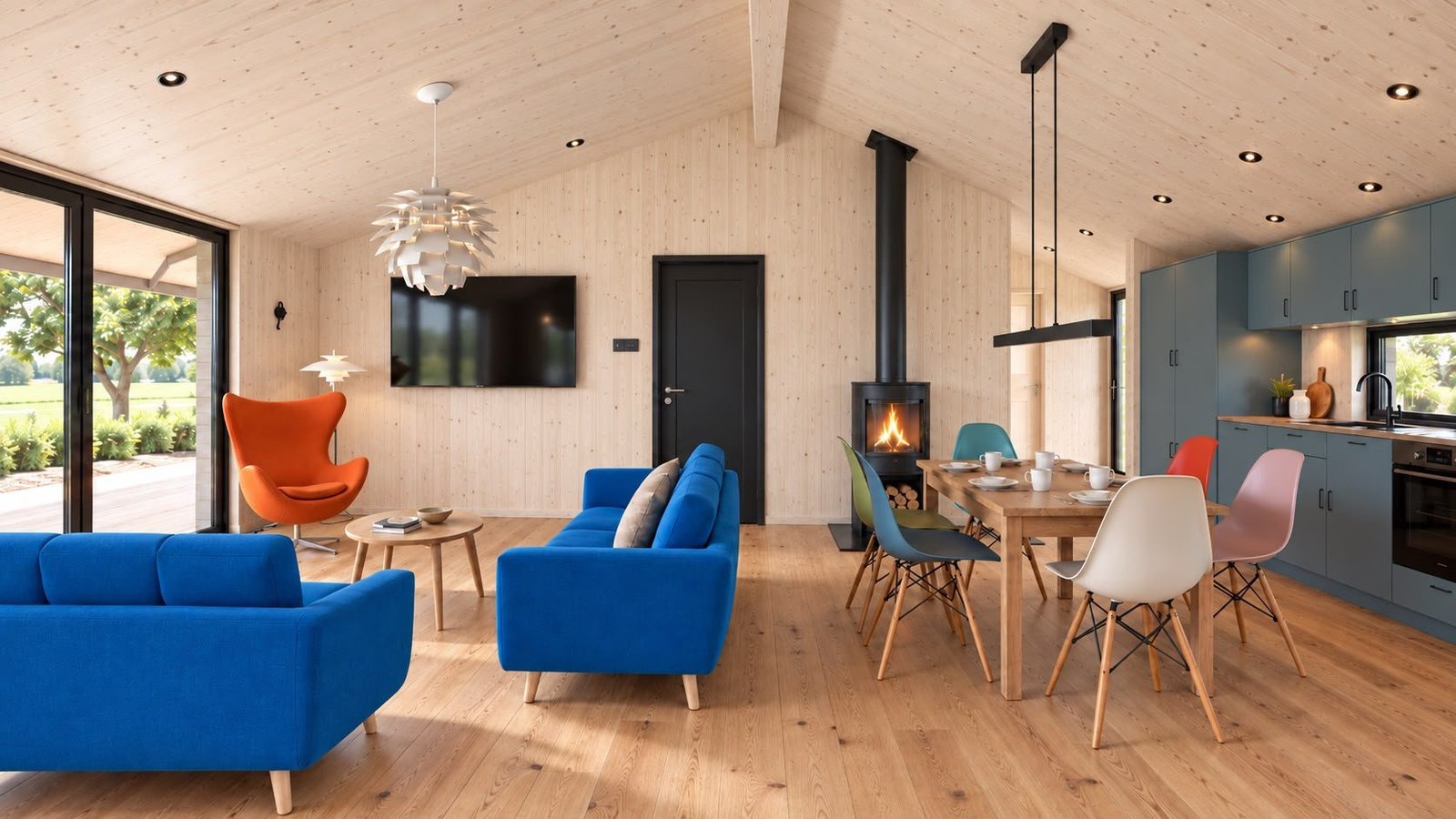 تصوّر لمنطقة الجلوس في Dansk Cottage مع مدفأة الحطب وطاولة الطعام